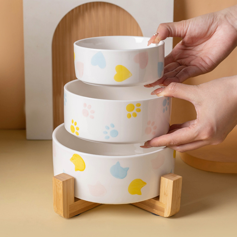 Baby Food Cat - Mangkuk anjing keramik dengan alas kayu