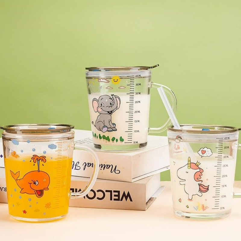 Baby Food Glass - Mug Kaca Kartun dengan Tutup Cangkir
