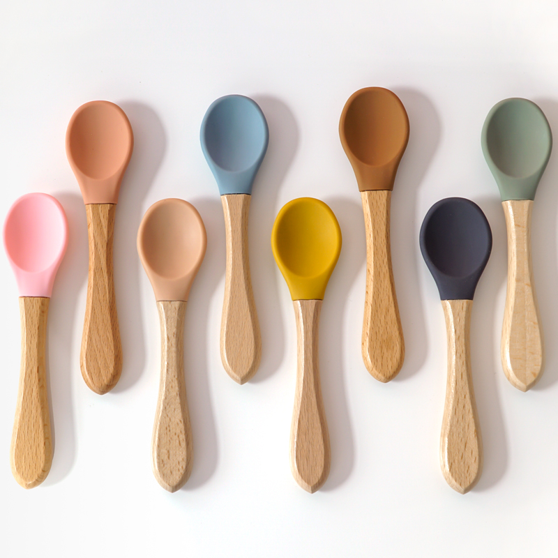 Baby Food Guide - Memberi Makan Pegangan Kayu Sendok Silikon